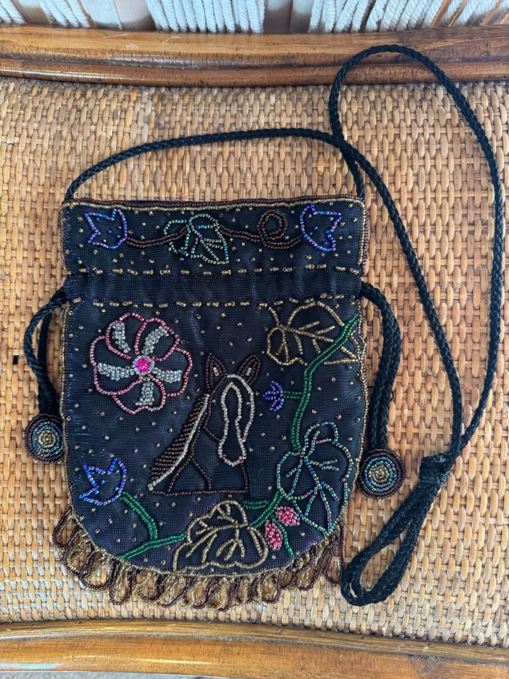Vintage Hand Beaded Horse Drawstring Pouch Purse Boho Crossbody Fringe Epona - Picture 8 of 13